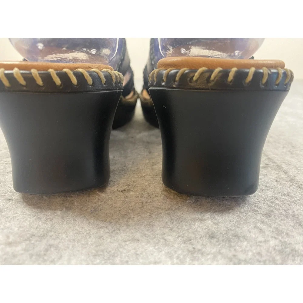Minnetonka Womens Black Leather Wedge‎ Sandals Strappy Concho Slide Size 6